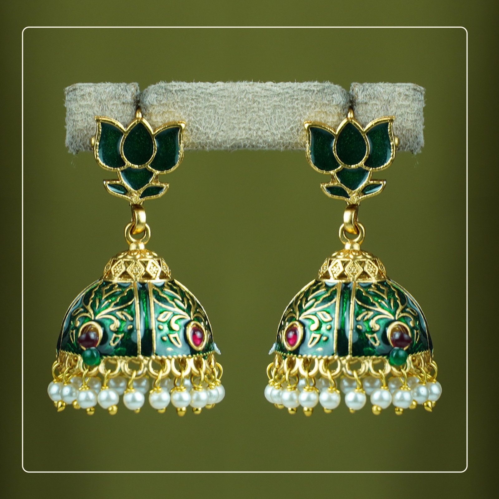GNFgjA53_WEP364ZNU8_2025-10-06_1.jpg Padmita Palakka Lotus Hook-Style Matte Finish Jhumki | Divine Festive Collection