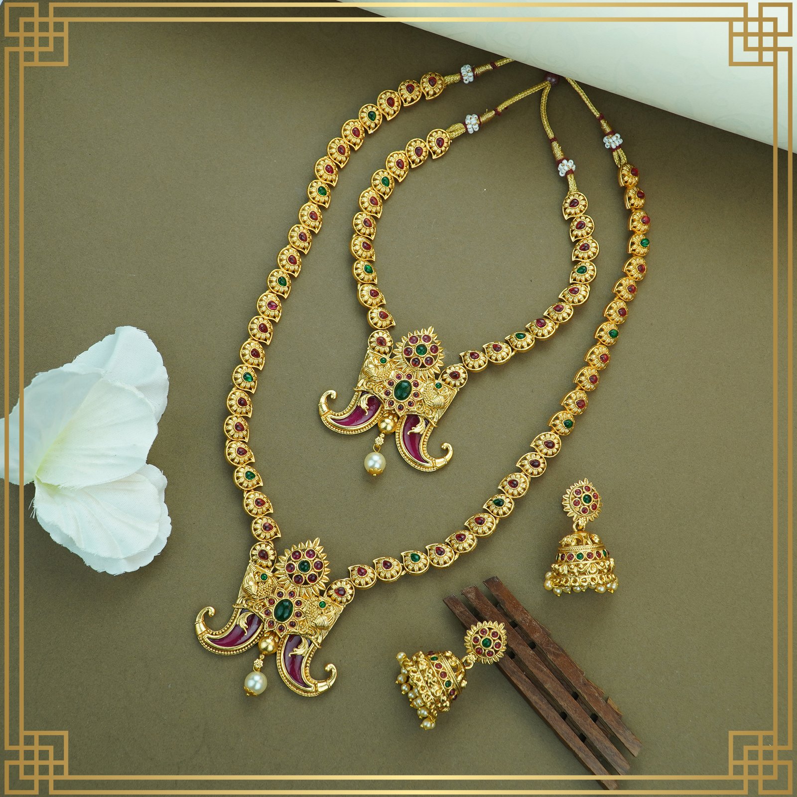 IBaFq199_LDADJ0VKTZ_2024-12-09_1.jpg Multicolor Alloy Premium Long, Earring & NecklaceCombo Set| South Indian Jewellery
