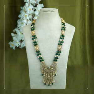 Mayurika Long Set | Peacock Design Kemp Stone Necklace with Beaded Mala