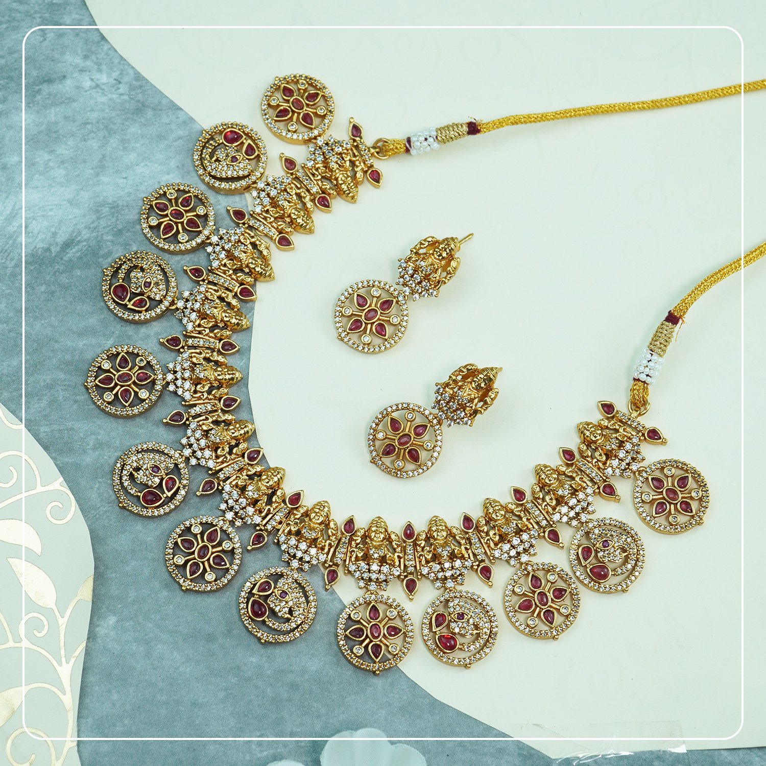 gGE_XBGC_QHFG8PXI74_2025-08-15_1.jpg Bridal Lakshmi AD Temple Necklace with Coin & Elephant Design Premium Brass Heritage Jewelry