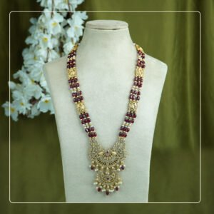 Mayurika Long Set | Peacock Design Kemp Stone Necklace with Beaded Mala