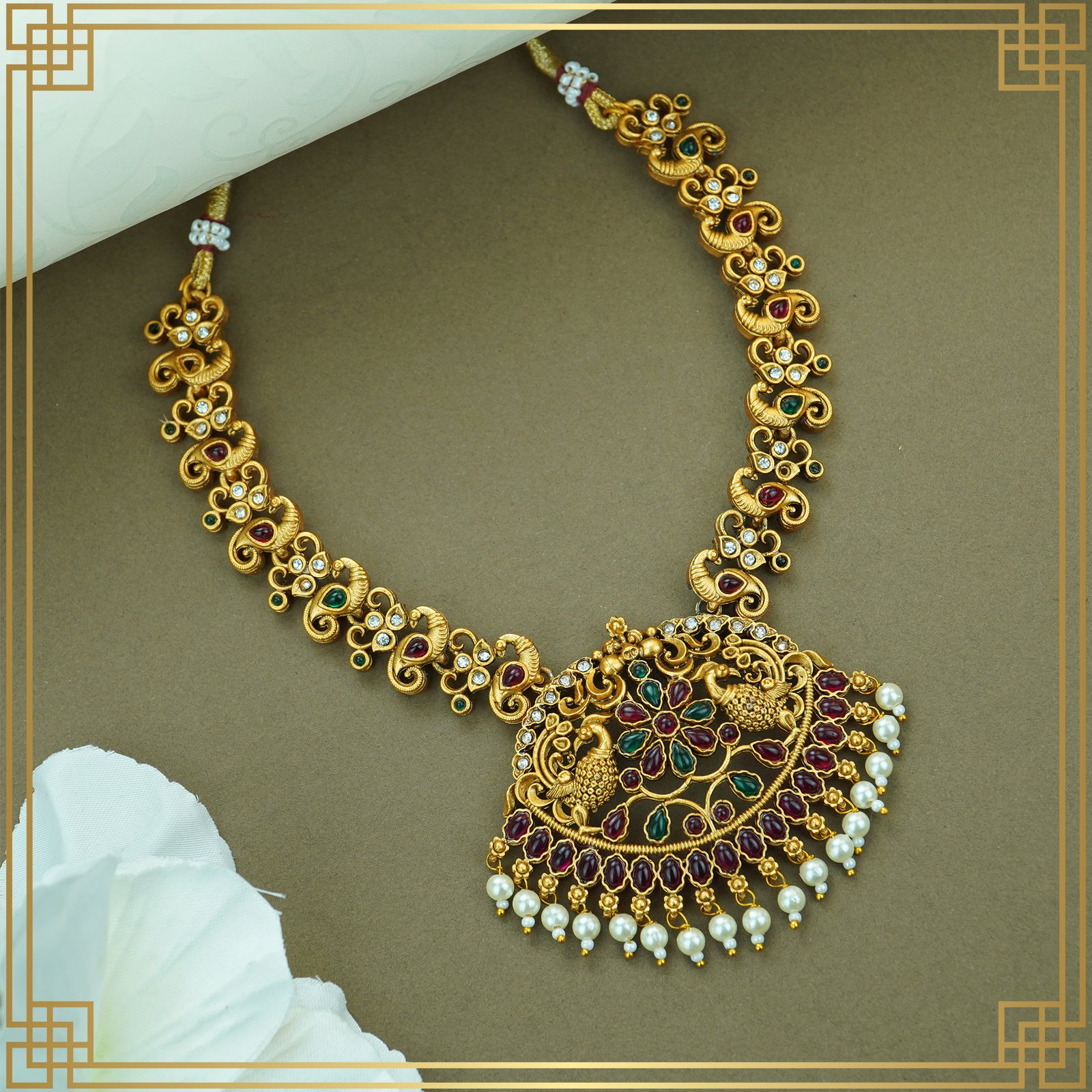 mYeJdRtq_2F9KF7QF1P_2024-12-09_2.jpg Multicolor Alloy Premium long , Earring & Necklace Combo Set | South Indian Jewellery