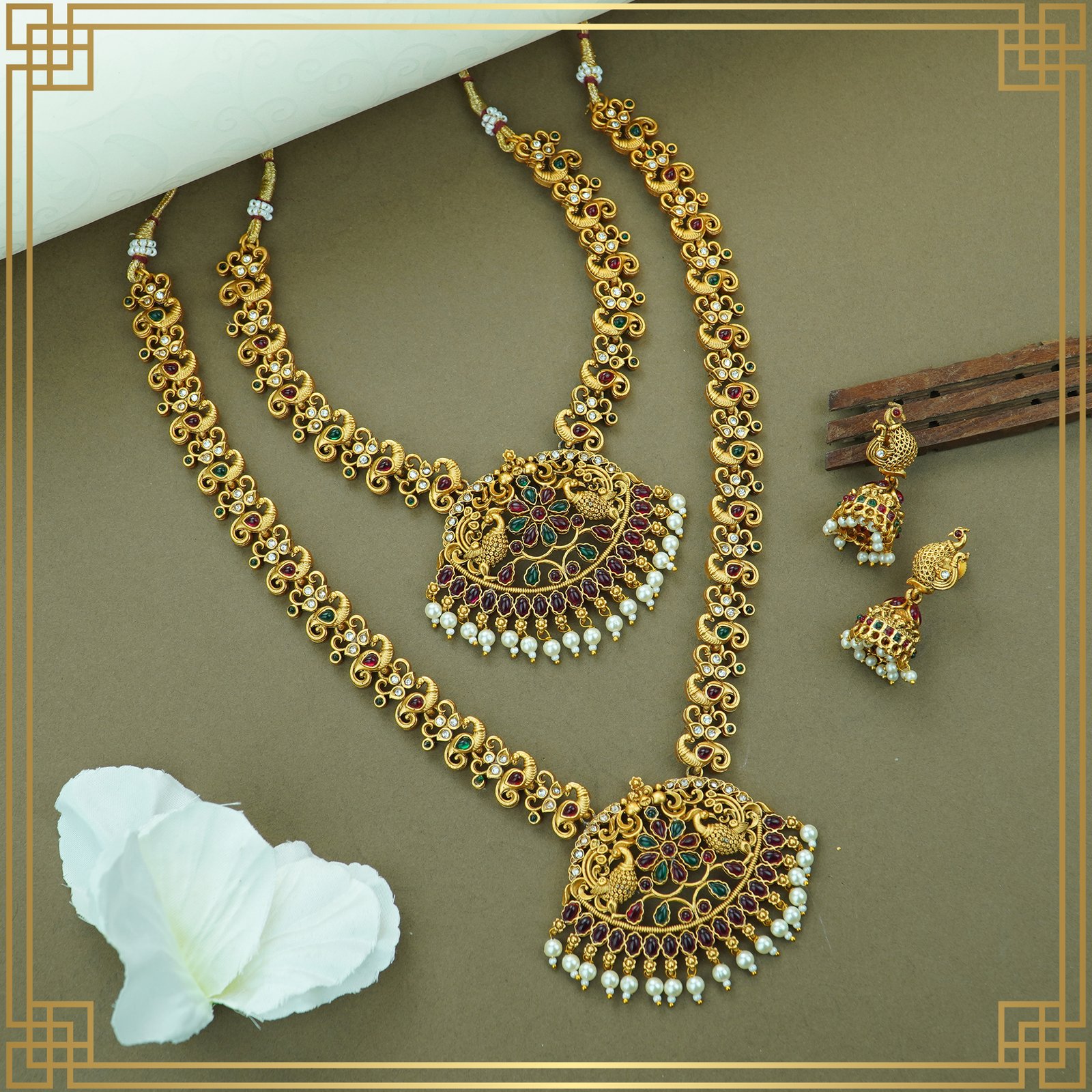 mYeJdRtq_BVQZOQ0629_2024-12-09_1.jpg Multicolor Alloy Premium long , Earring & Necklace Combo Set | South Indian Jewellery