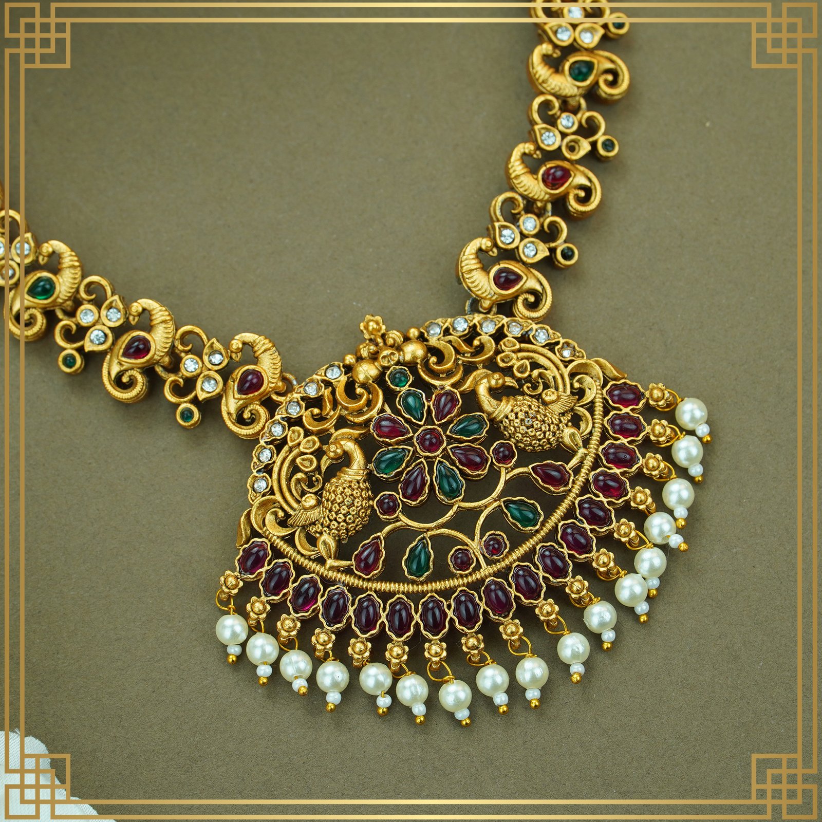 mYeJdRtq_DMS5NJW558_2024-12-09_4.jpg Multicolor Alloy Premium long , Earring & Necklace Combo Set | South Indian Jewellery