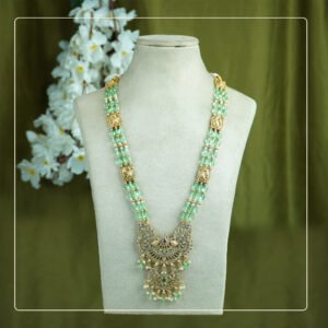 Mayurika Long Set | Peacock Design Kemp Stone Necklace with Beaded Mala
