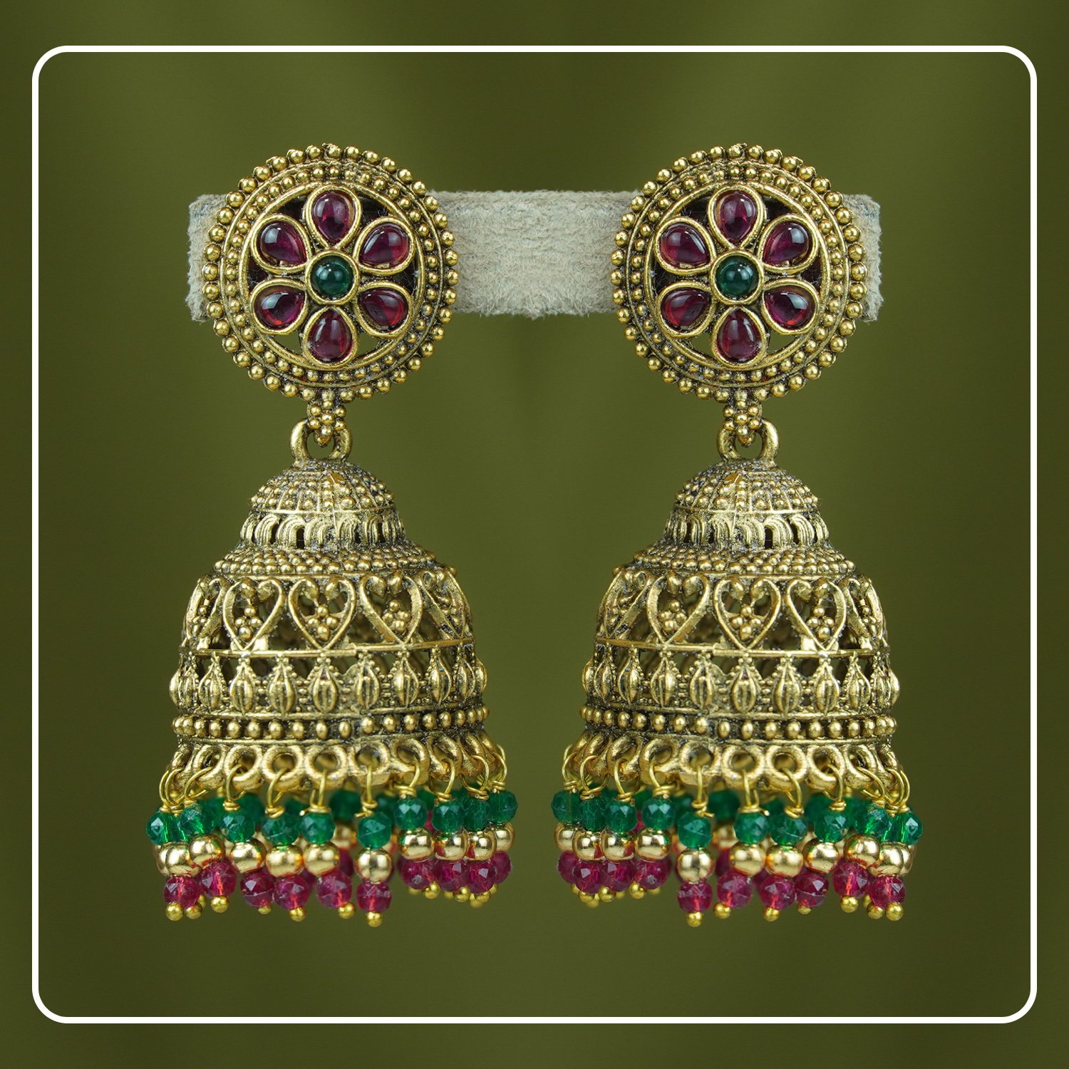 uFmX0KFA_QYBQFYB58W_2025-10-06_1.jpg Kamika Flower-Designed Hook-Style Matte Finish Jhumki with Kemp Stones | Divine Festive Collection