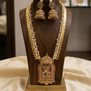Radha Krishna Temple Long Necklace & Jhumka Set