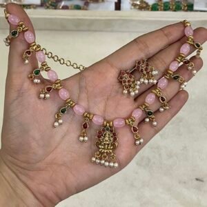 Lakshmi Emerald Bead Necklace & Earring Set - Pink