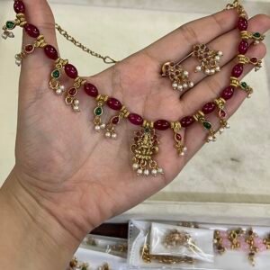 Lakshmi Emerald Bead Necklace & Earring Set - Red