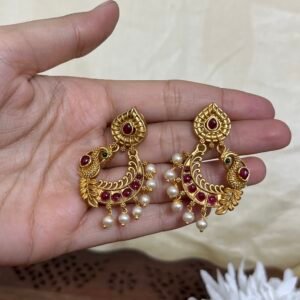 Peacock Chandbali Earrings with Kemp Stones & Pearl Drops