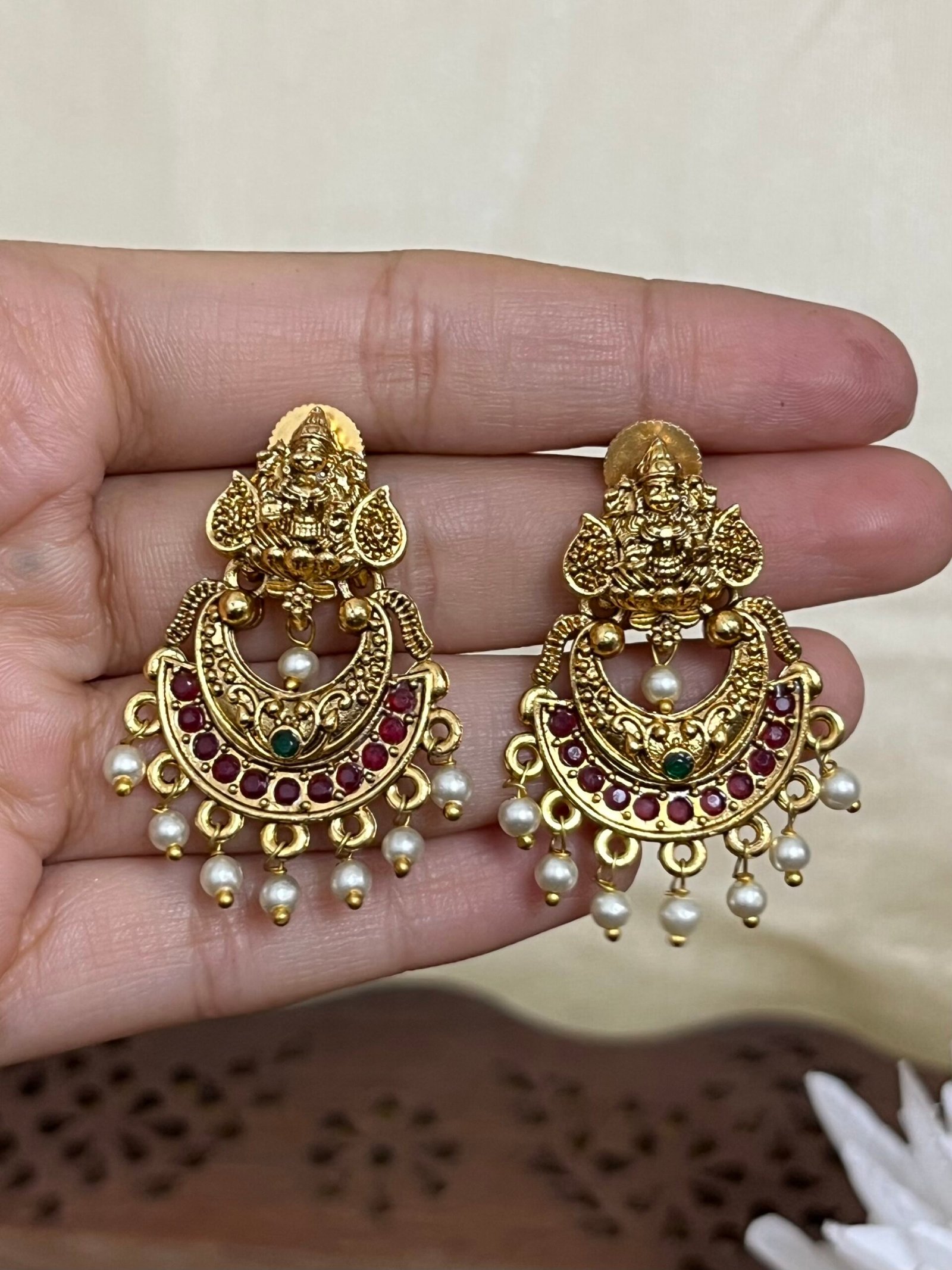 IMG_3039 Lakshmi Temple Chandbali Earrings with Pearl Drops