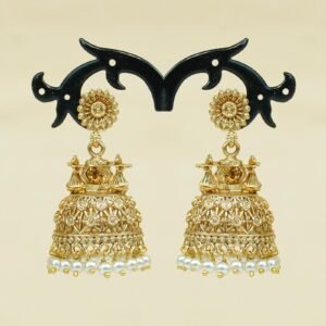 Swarnabharat Temple Jhumka | Flower Design Pearl Work | White