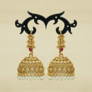 Kusuma Hook Style Jhumka | Flower Design Pearl & Kemp Stone | White