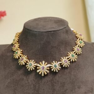Pushpanjali Premium Brass Floral Necklace | AD Stone Statement | Multicolour