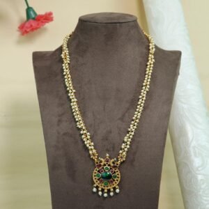 Mayoorakshi Long Copper Pearl Set | Peacock Enamel Work | Green