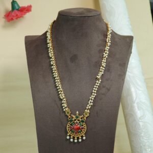 Mayoorakshi Long Copper Pearl Set | Peacock Enamel Work | Red