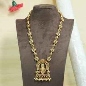 Venkateshwara Haram Long Set | Kemp Stone & Pearl Work Temple Jewellery