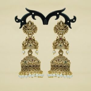Trivalaya Antique Lakshmi Jhumka | Triple Layer Pearl & Kemp Matte Finish
