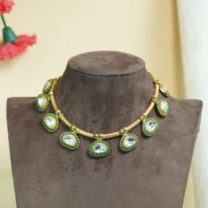 Darpana Mirror Work Necklace Set | Green Kemp Stone Layering