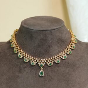 Shobhana Minimal Brass AD Stone Necklace | Lightweight Elevating | Green