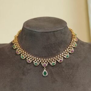 Shobhana Minimal Brass AD Stone Necklace | Lightweight Elevating | Multicolour